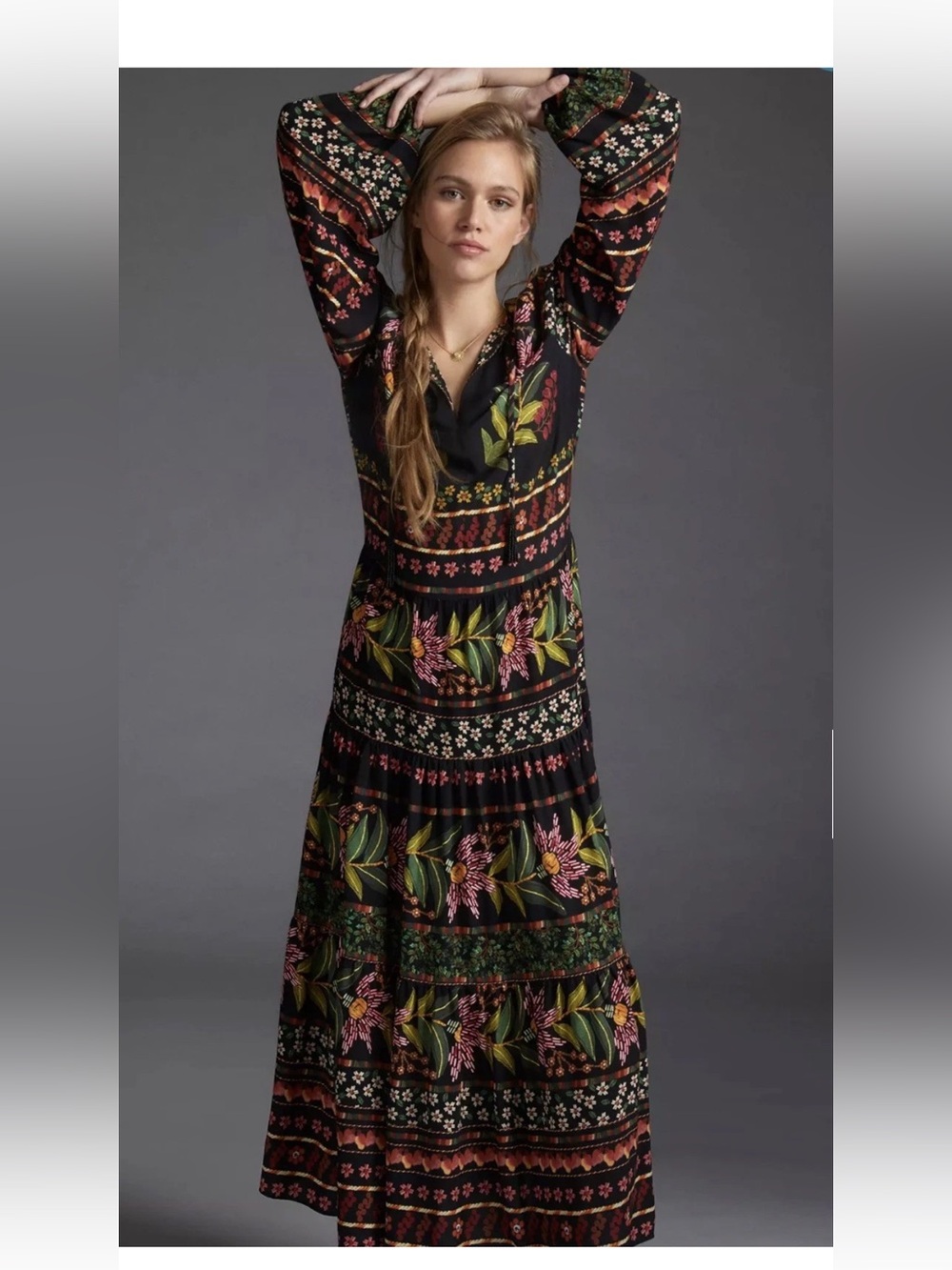 Farm Rio For Anthropologie Glynn Black Floral Print Maxi Dress, Women’s Medium